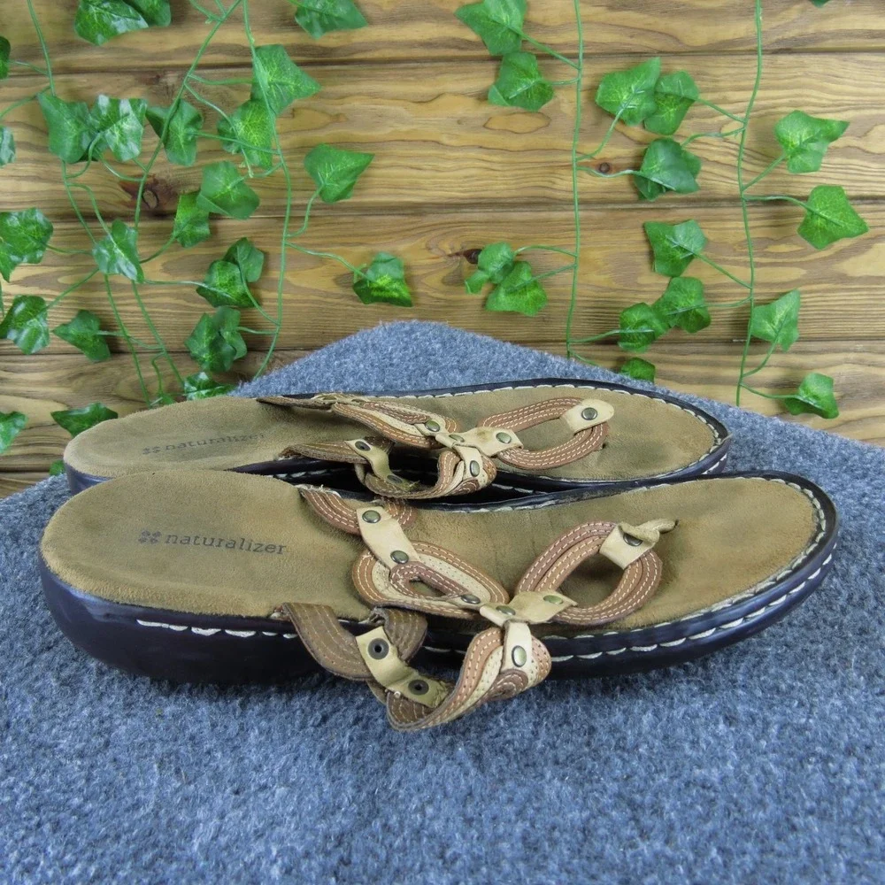 Naturalizer Women's‎ Sandals Brown Leather Wedge Non-Adjustable Straps 9.5 M